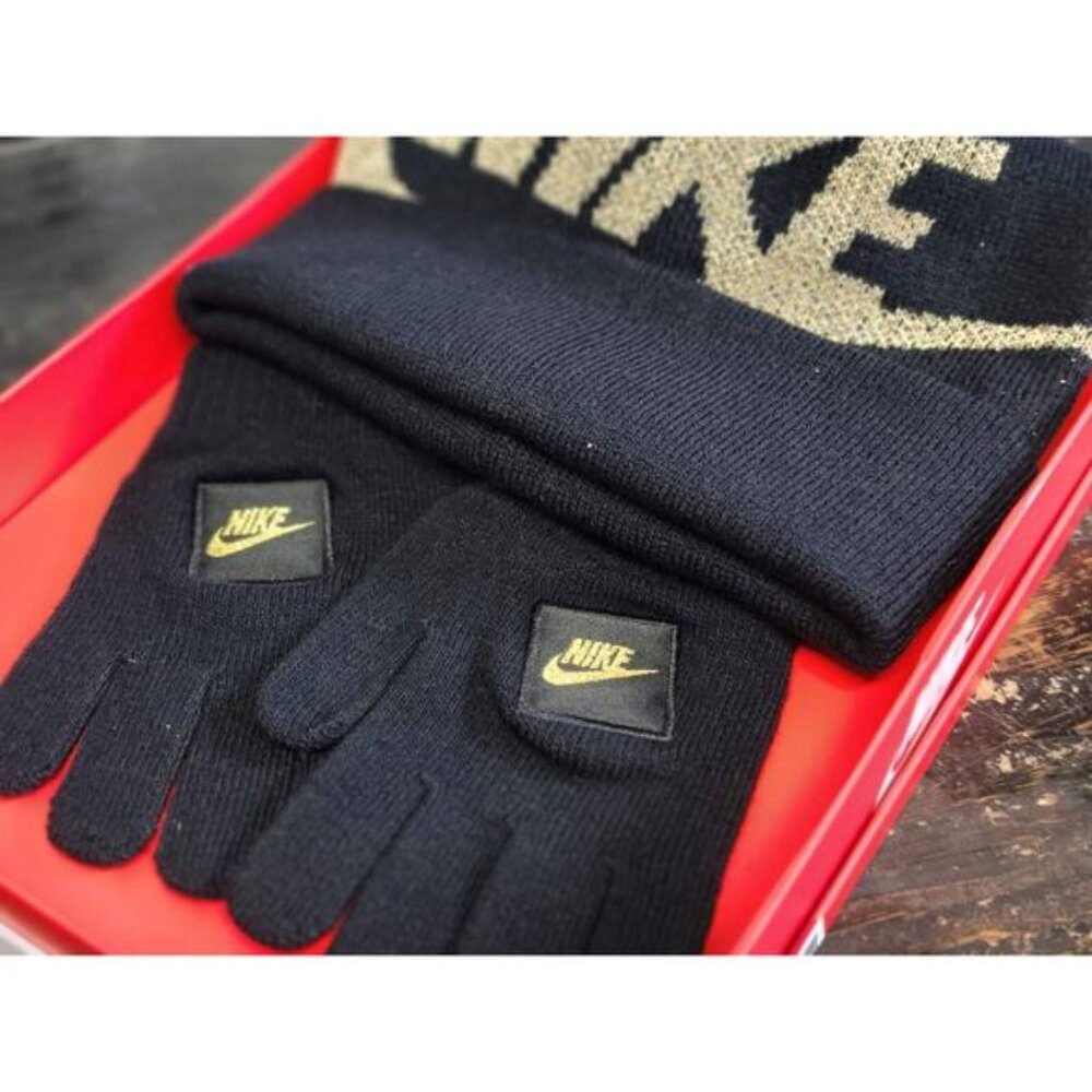 Nike 2pc Gift Box Set Black/Gold Glitter Knit Beanie Hat/Gloves Youth Kid OS